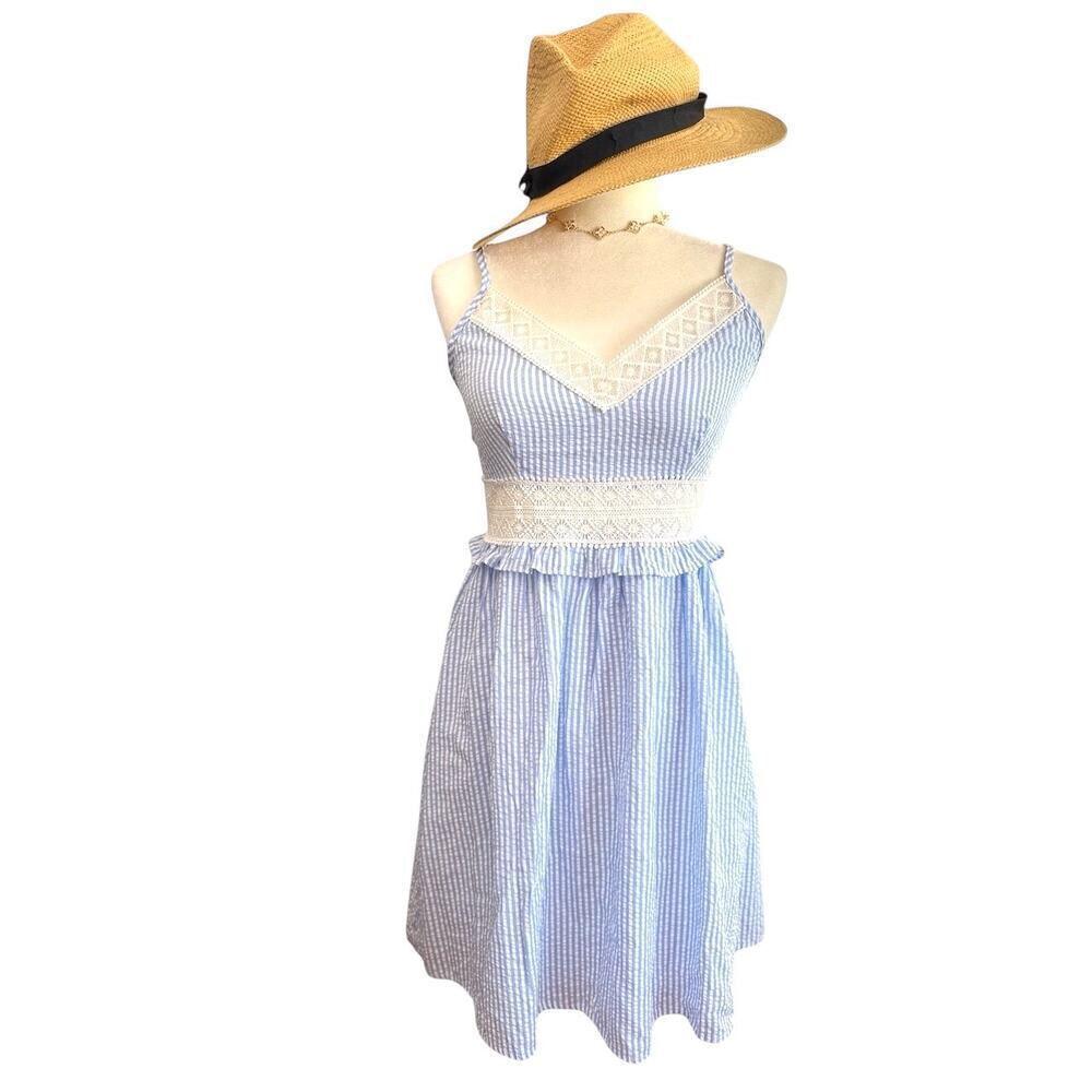Cupshe Blue & White Stripe‎ Lace Ruffled Mini Dress